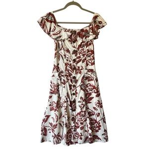 Anthropologie Oahu dress Size 2 Red Cream Off the shoulder Midi Floral womens